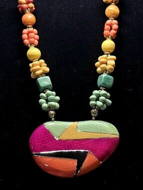 Vintage Artisan Faux Snakeskin Resin Stone Wood Beaded Boho Statement Necklace